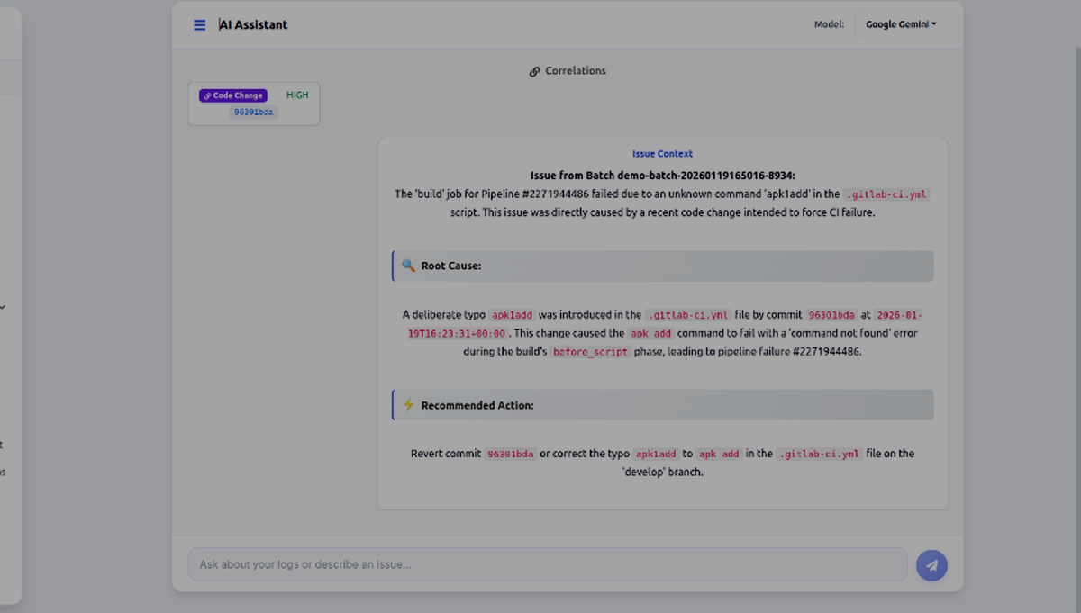 AI root cause analysis showing issue context, root cause, and recommended action